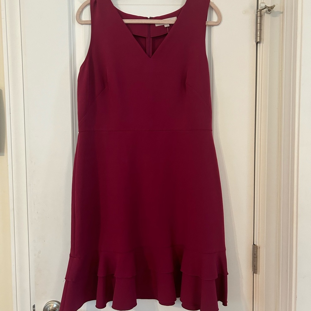 NWT LOFT VNeck Sleeveless Maroon Midi Dress with Ruffle Hem